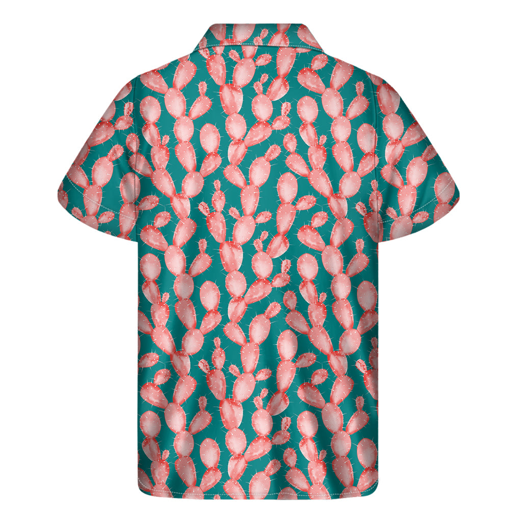 Pink Cactus Pattern Print Men's Short Sleeve Shirt