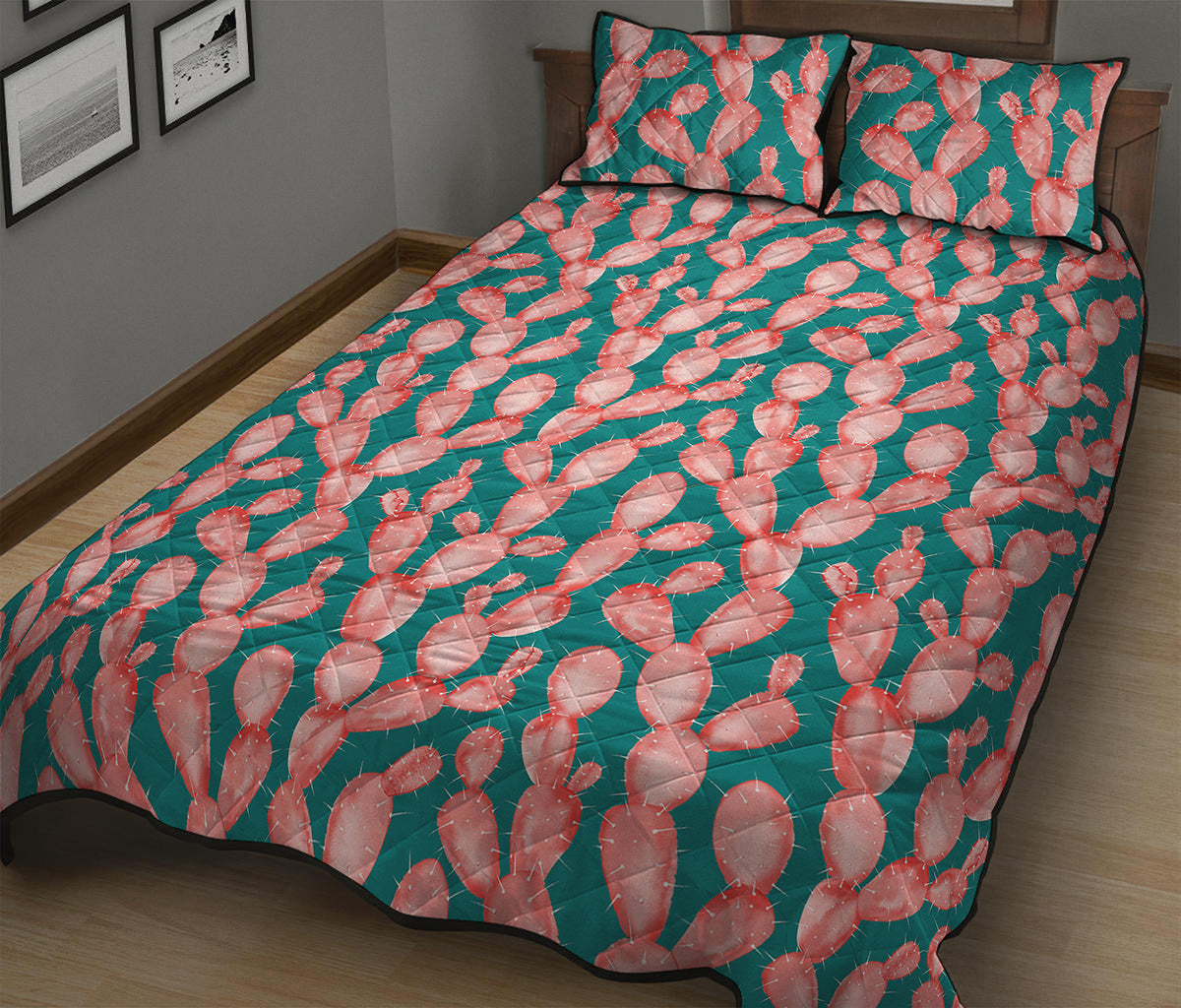 Pink Cactus Pattern Print Quilt Bed Set