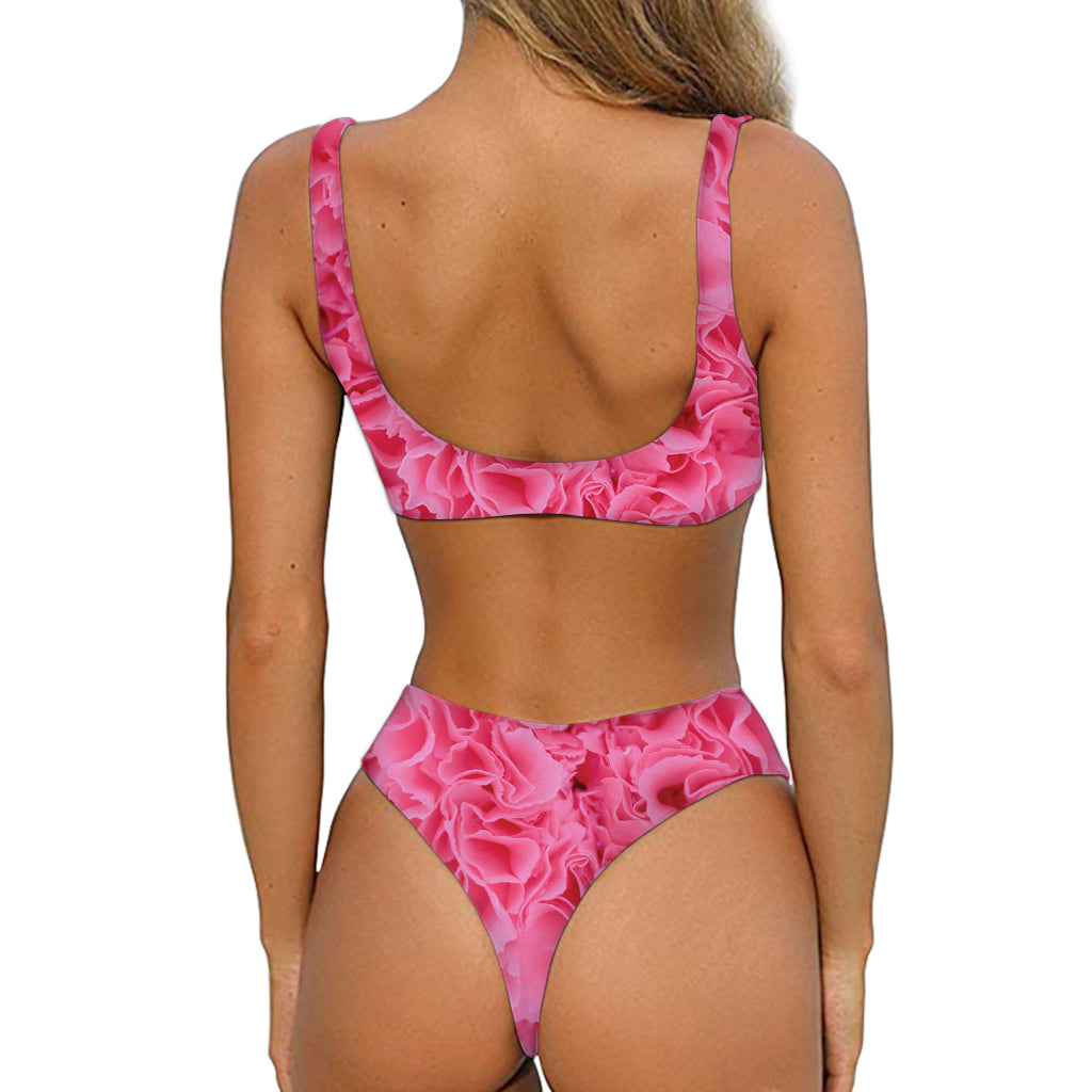 Pink Carnation Flower Print Front Bow Tie Bikini
