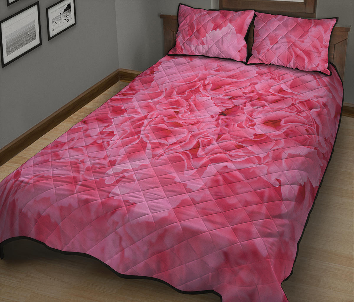 Pink Carnation Flower Print Quilt Bed Set