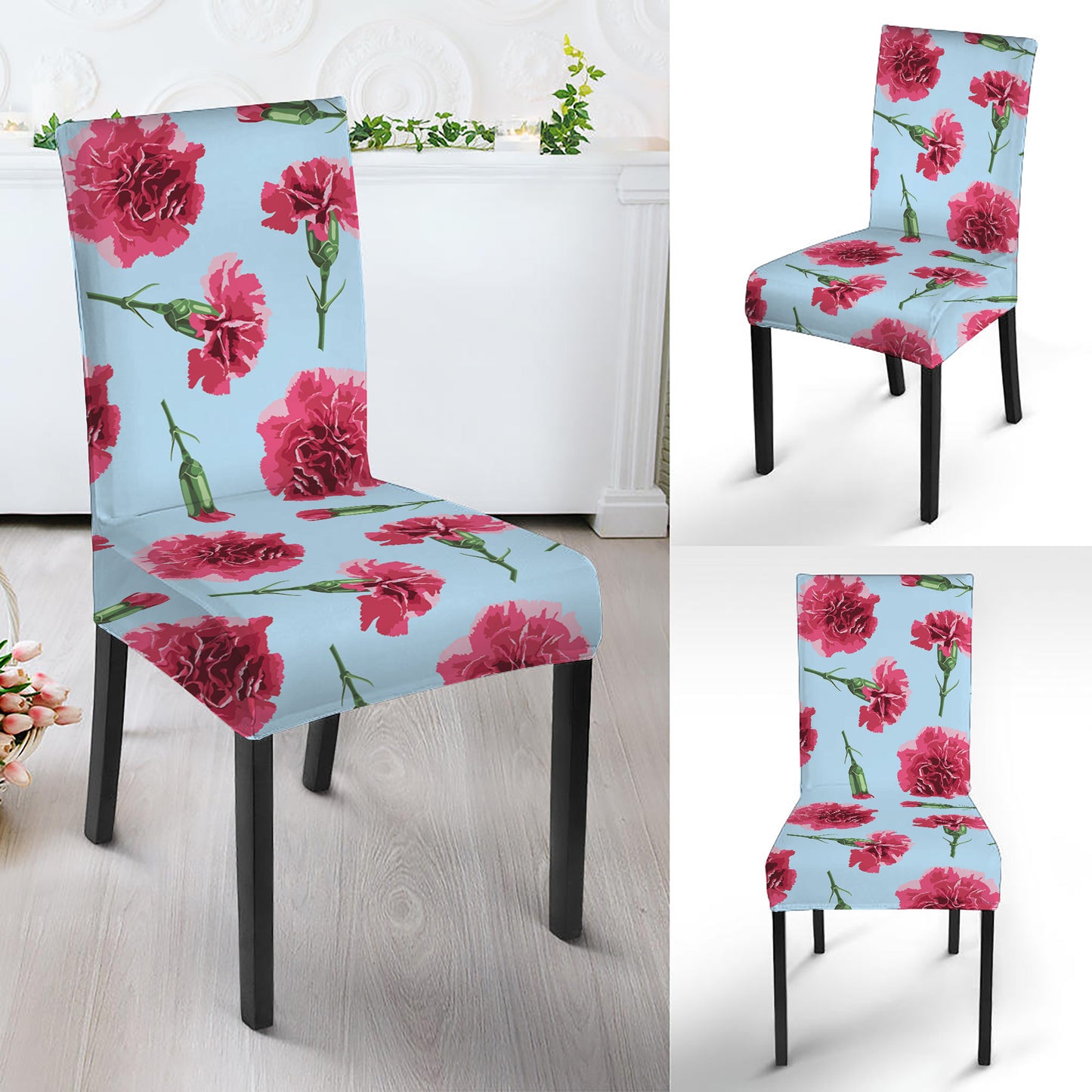 Pink Carnation Pattern Print Dining Chair Slipcover