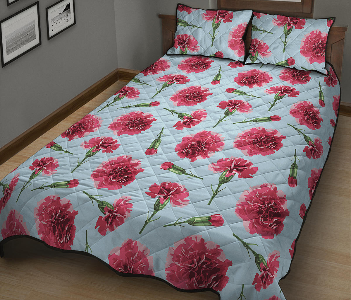 Pink Carnation Pattern Print Quilt Bed Set