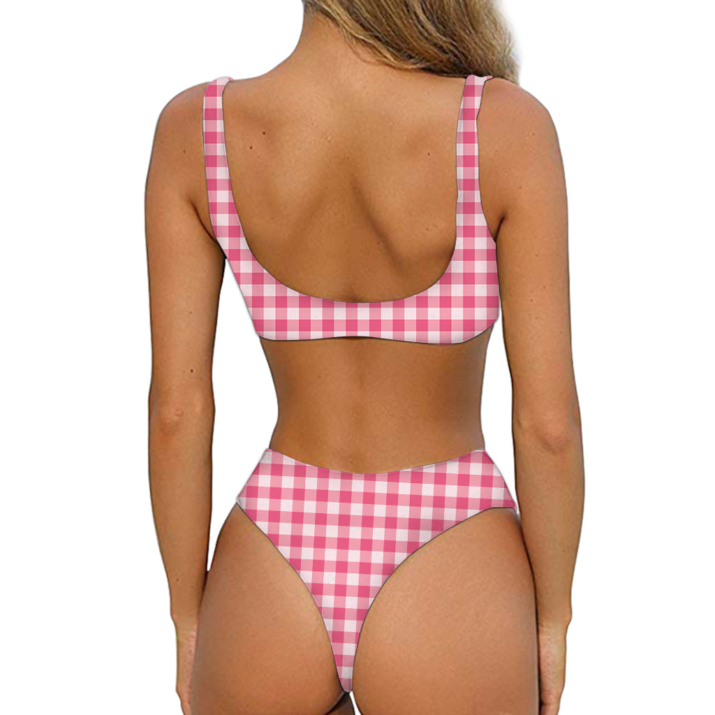 Pink Check Pattern Print Front Bow Tie Bikini