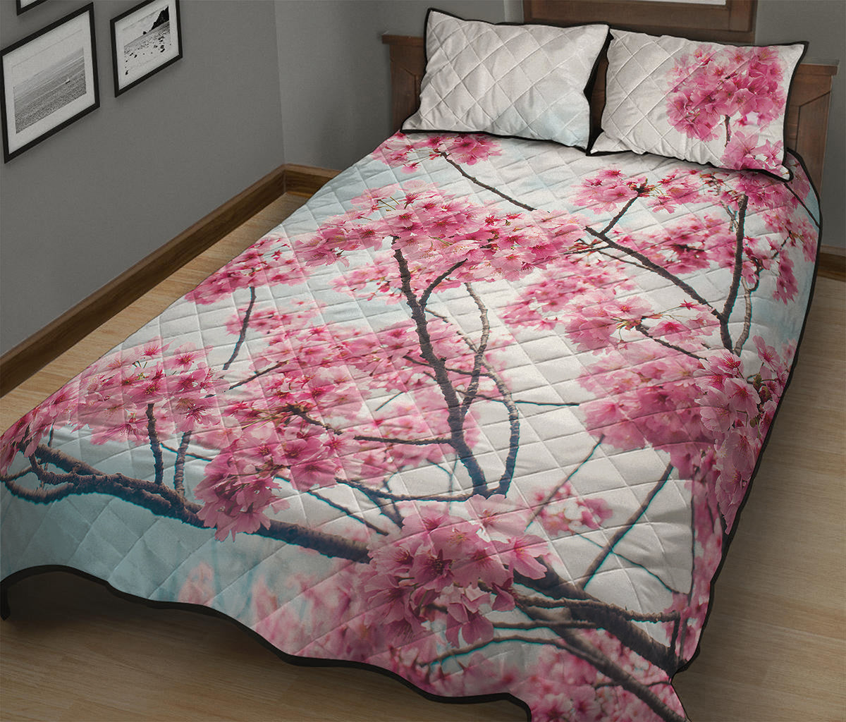 Pink Cherry Blossom Print Quilt Bed Set