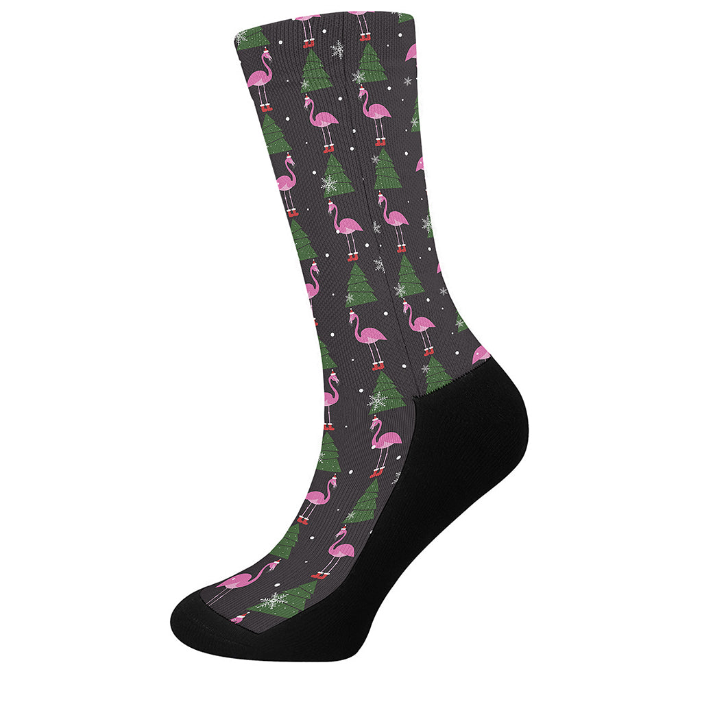 Pink Christmas Flamingo Pattern Print Crew Socks