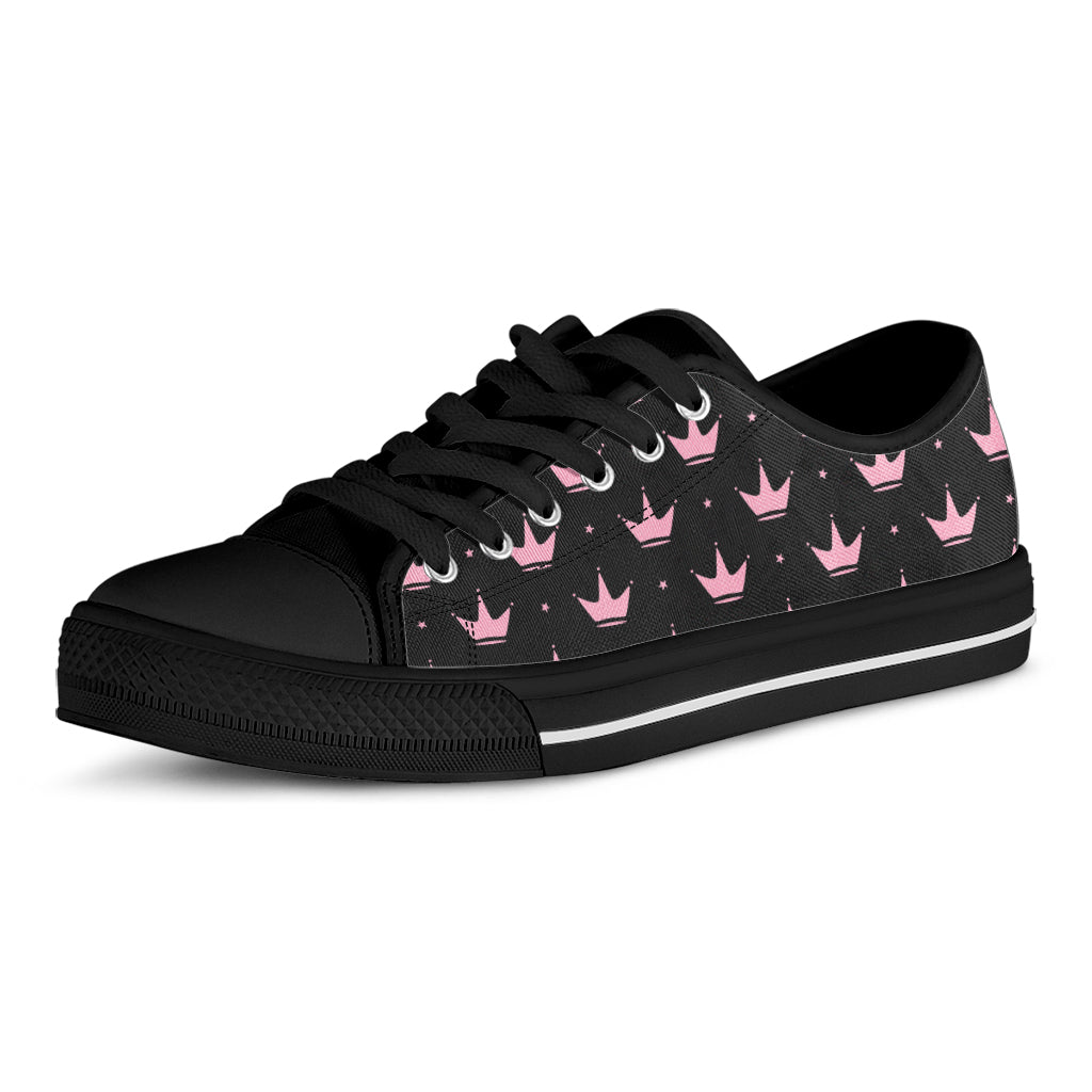 Pink Crown Pattern Print Black Low Top Shoes