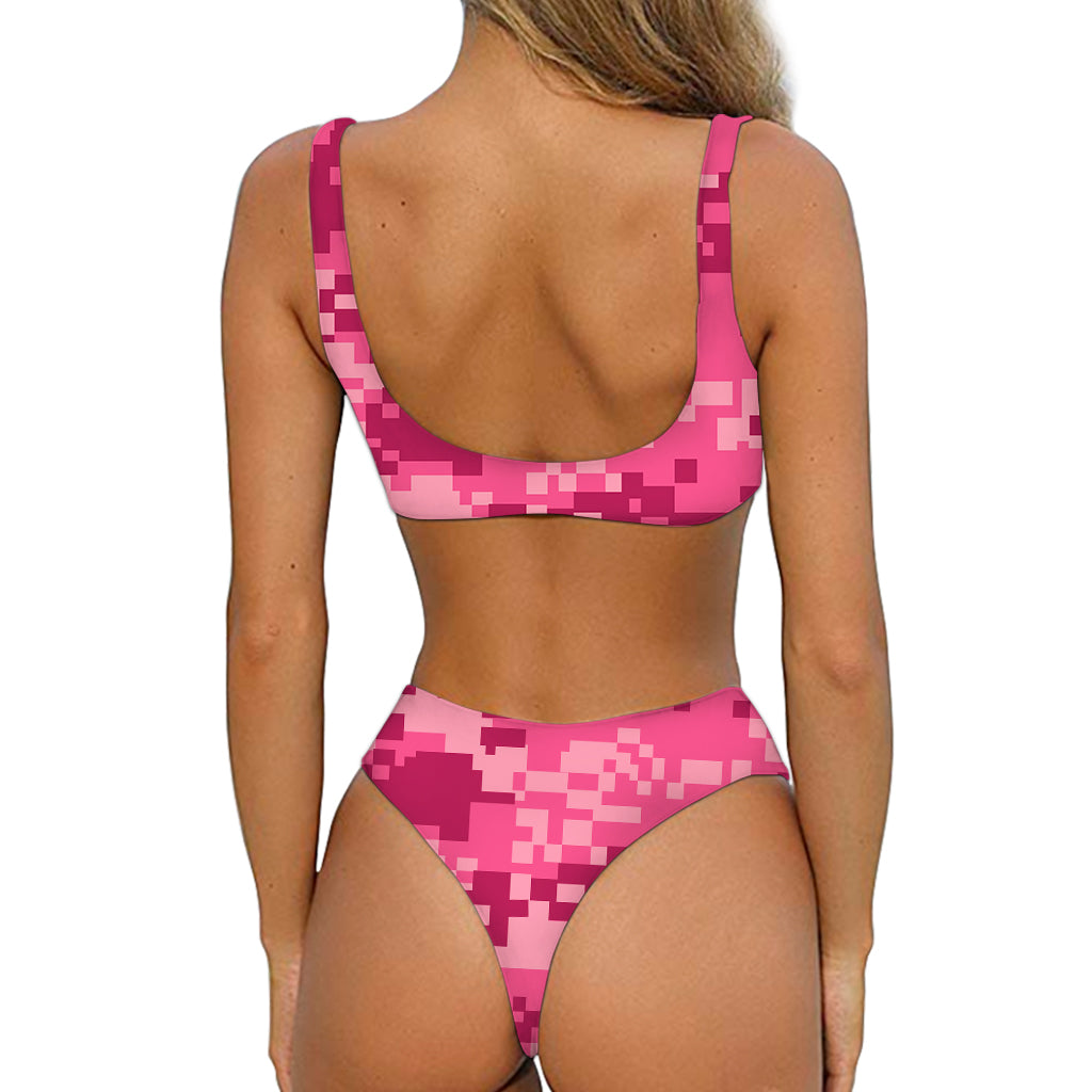 Pink Digital Camo Pattern Print Front Bow Tie Bikini