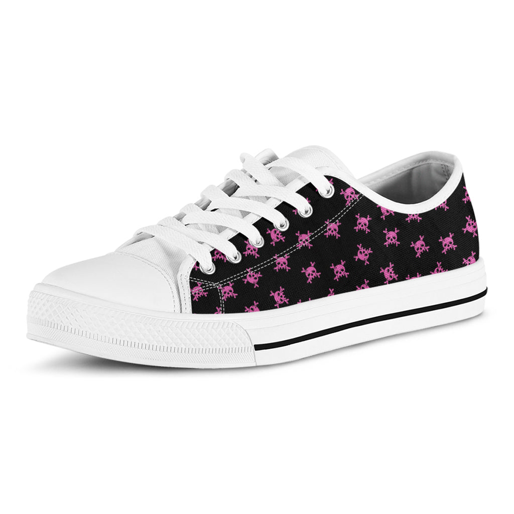 Pink Emo Skull Pattern Print White Low Top Shoes
