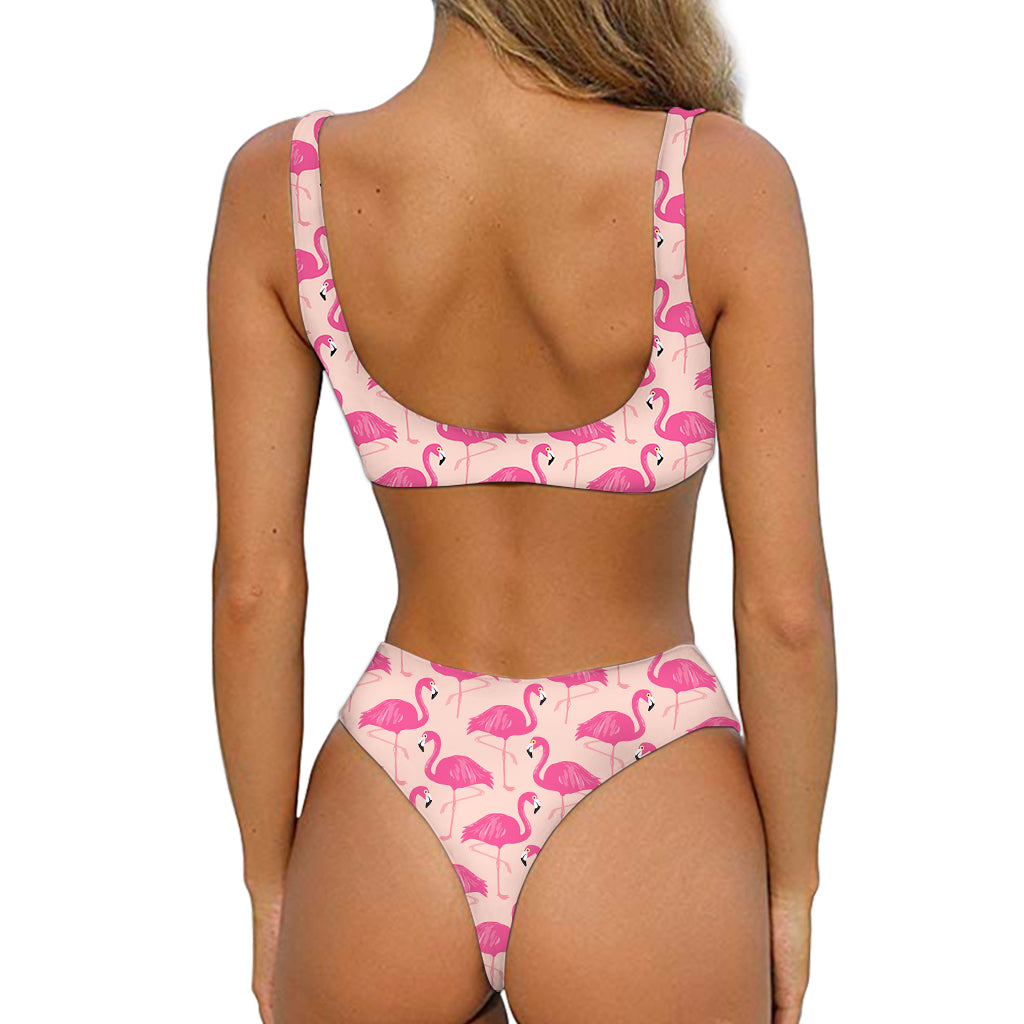 Pink Flamingo Pattern Print Front Bow Tie Bikini
