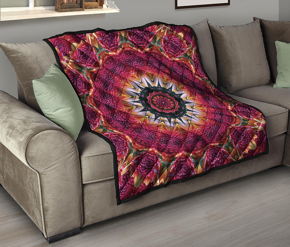 Pink Flower Kaleidoscope Print Quilt