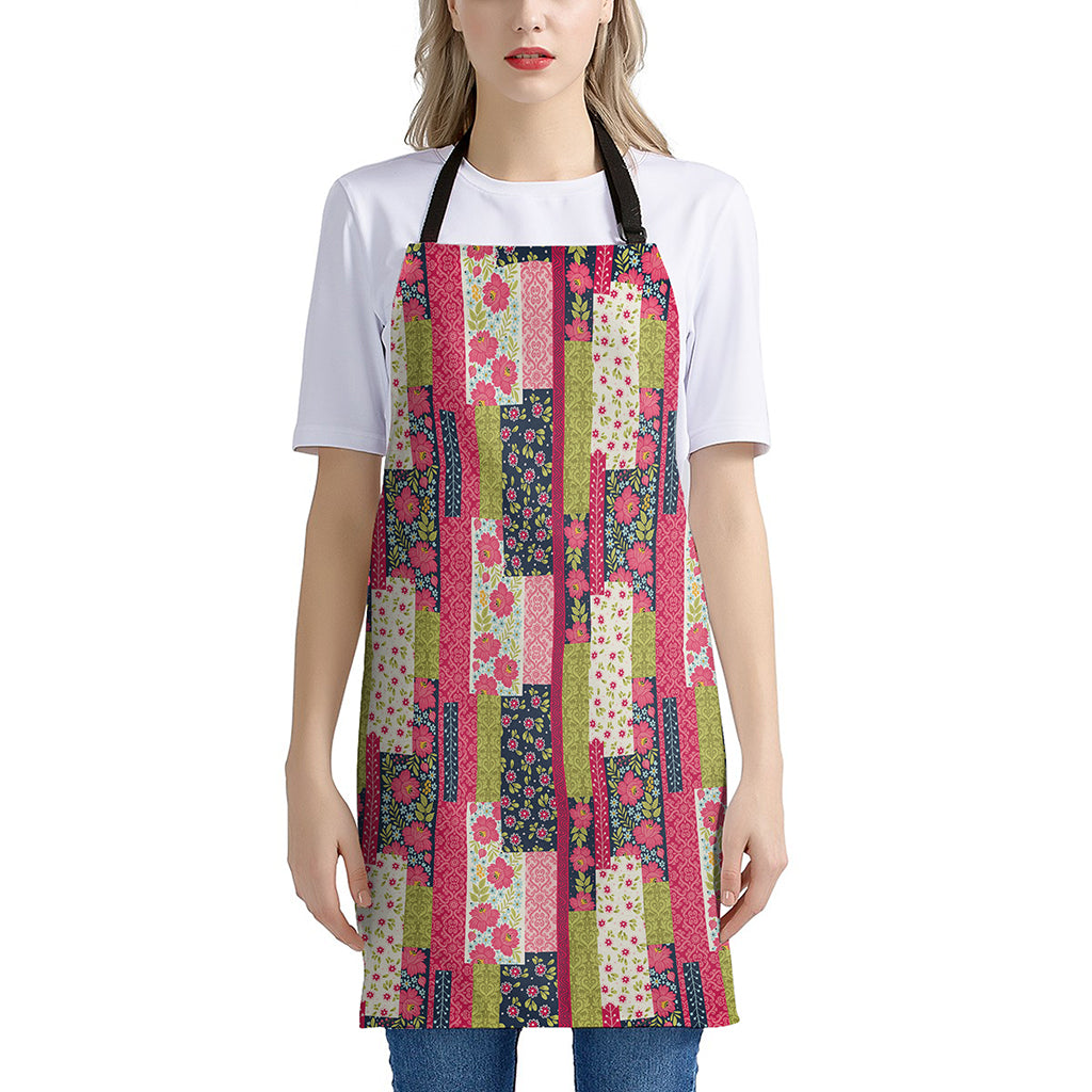 Pink Flower Patchwork Pattern Print Apron