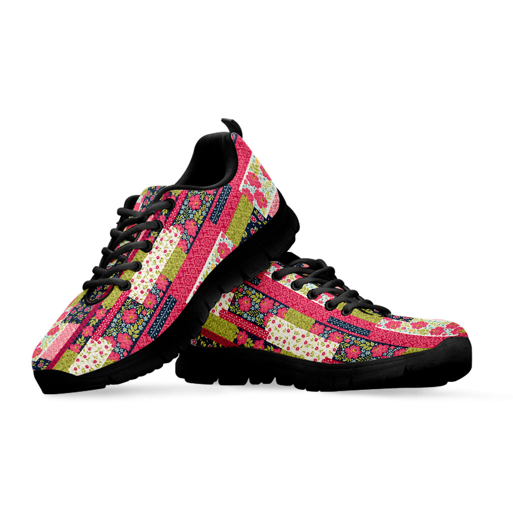 Pink Flower Patchwork Pattern Print Black Sneakers