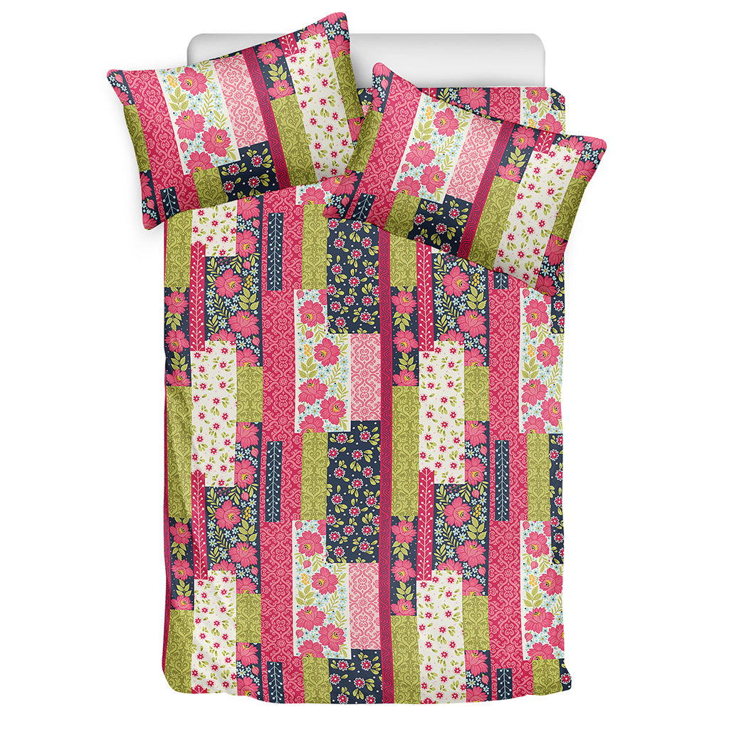 Pink Flower Patchwork Pattern Print Duvet Cover Bedding Set