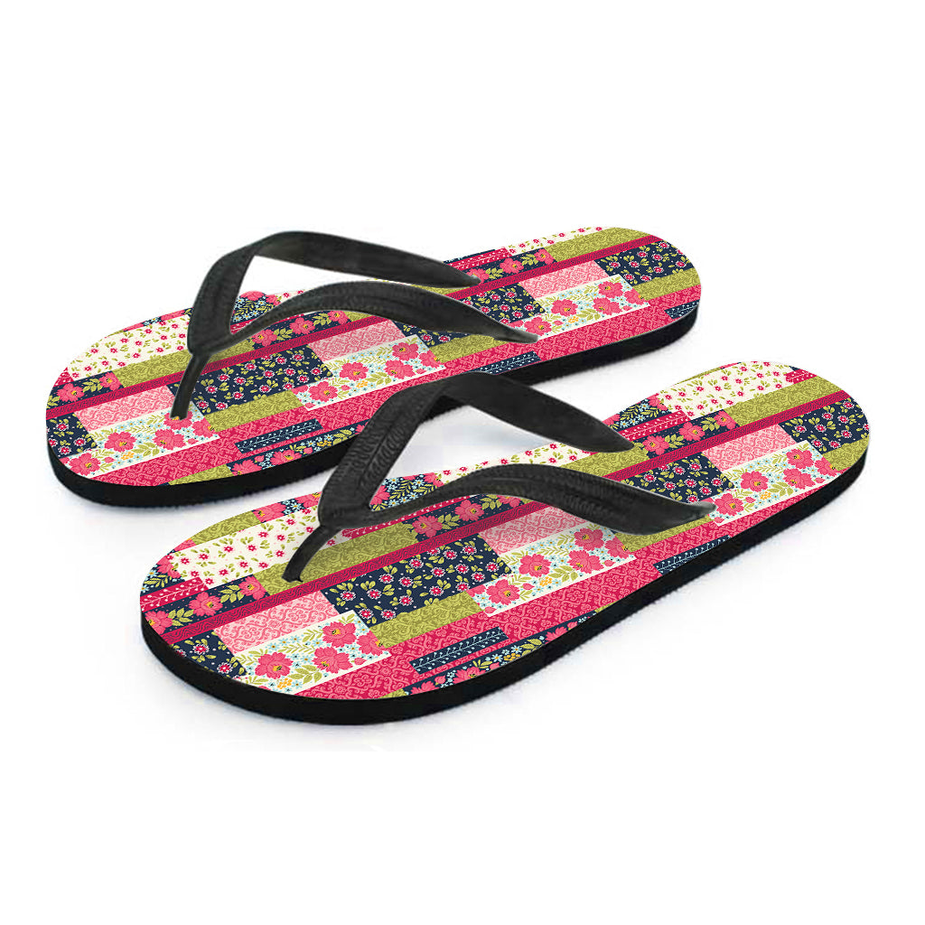Pink Flower Patchwork Pattern Print Flip Flops