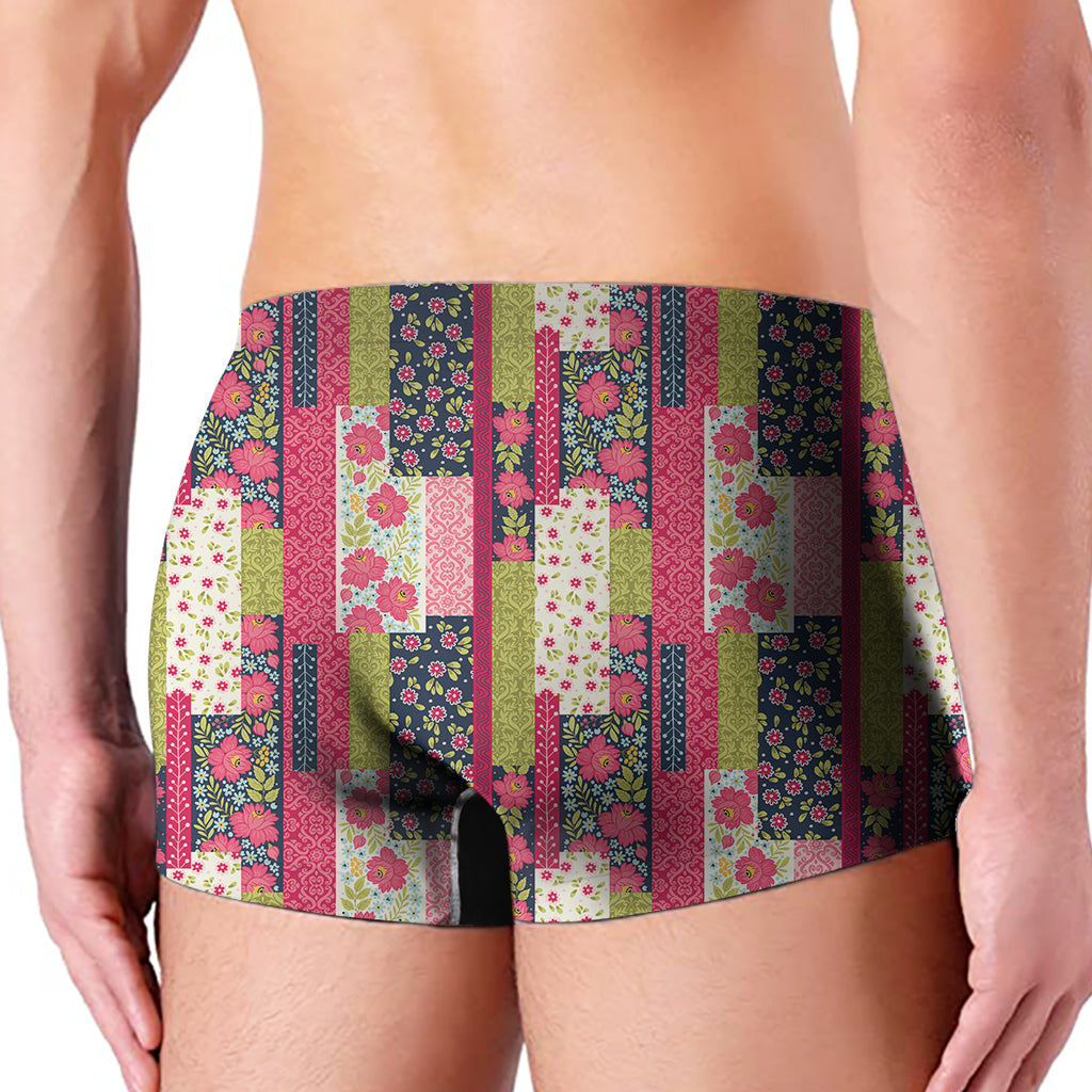 Pink Flower Patchwork Pattern Print Men's Boxer Briefs