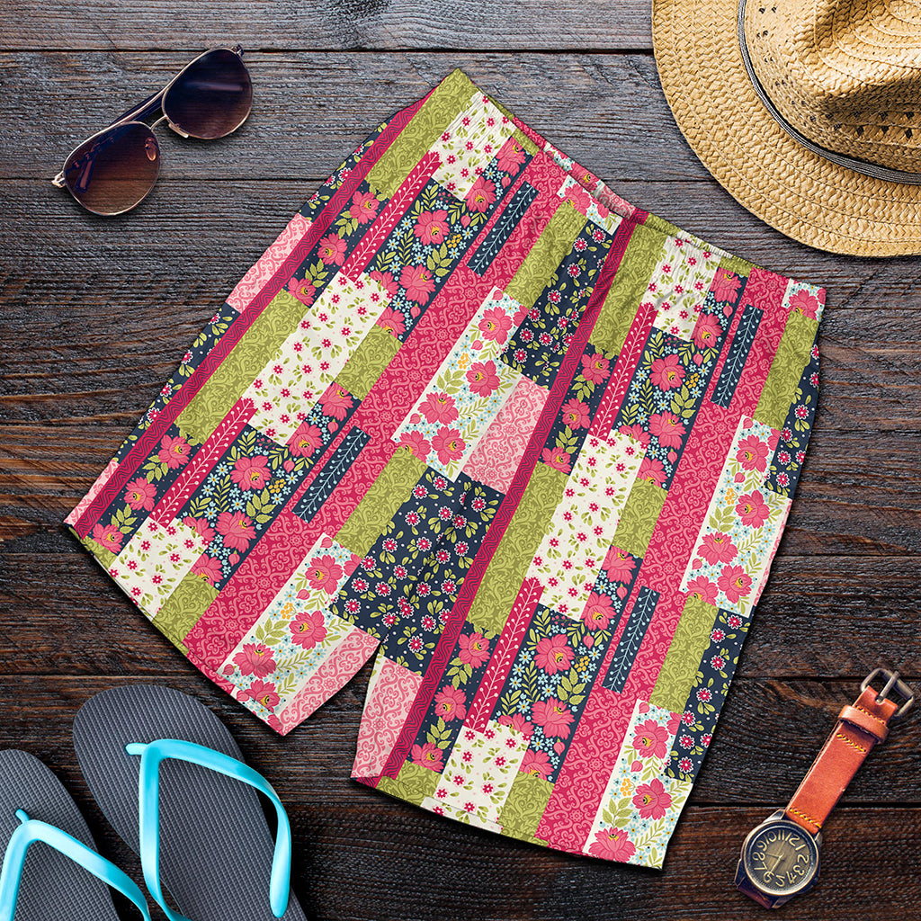 Pink Flower Patchwork Pattern Print Men's Shorts