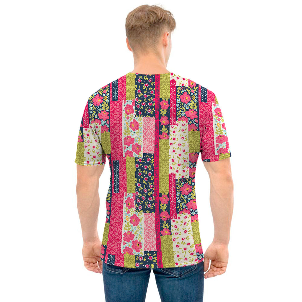 Pink Flower Patchwork Pattern Print Men's T-Shirt
