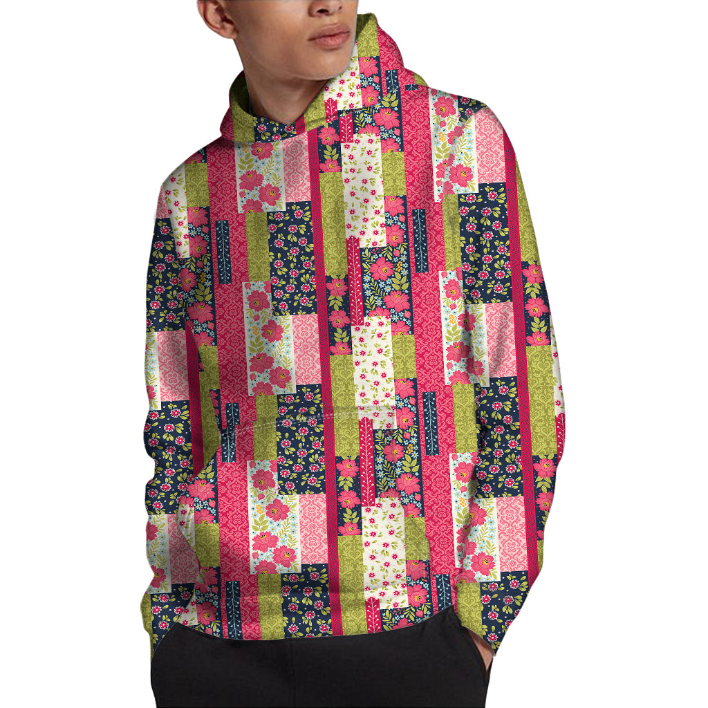 Pink Flower Patchwork Pattern Print Pullover Hoodie