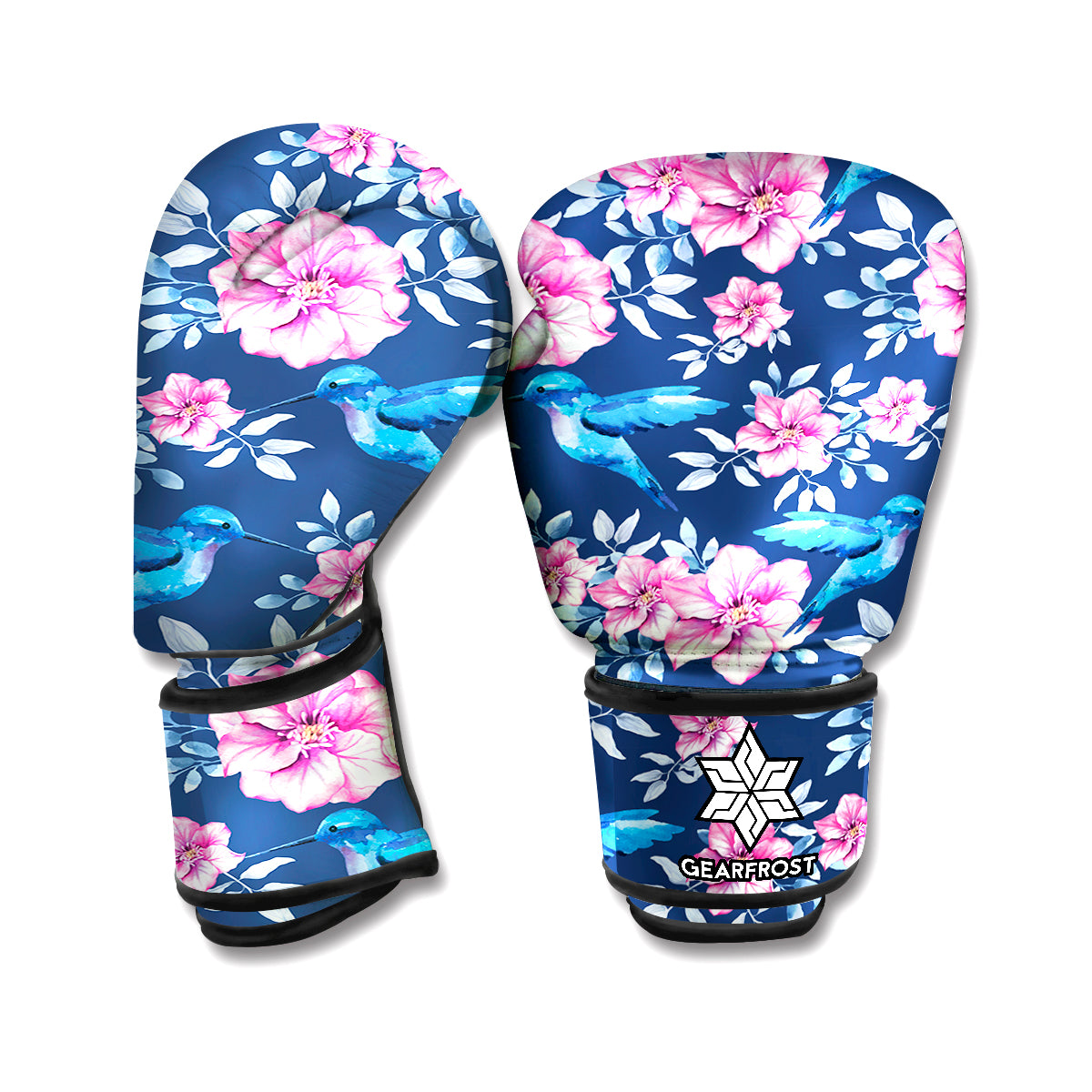 Pink Flowers And Hummingbird Print Boxing Gloves