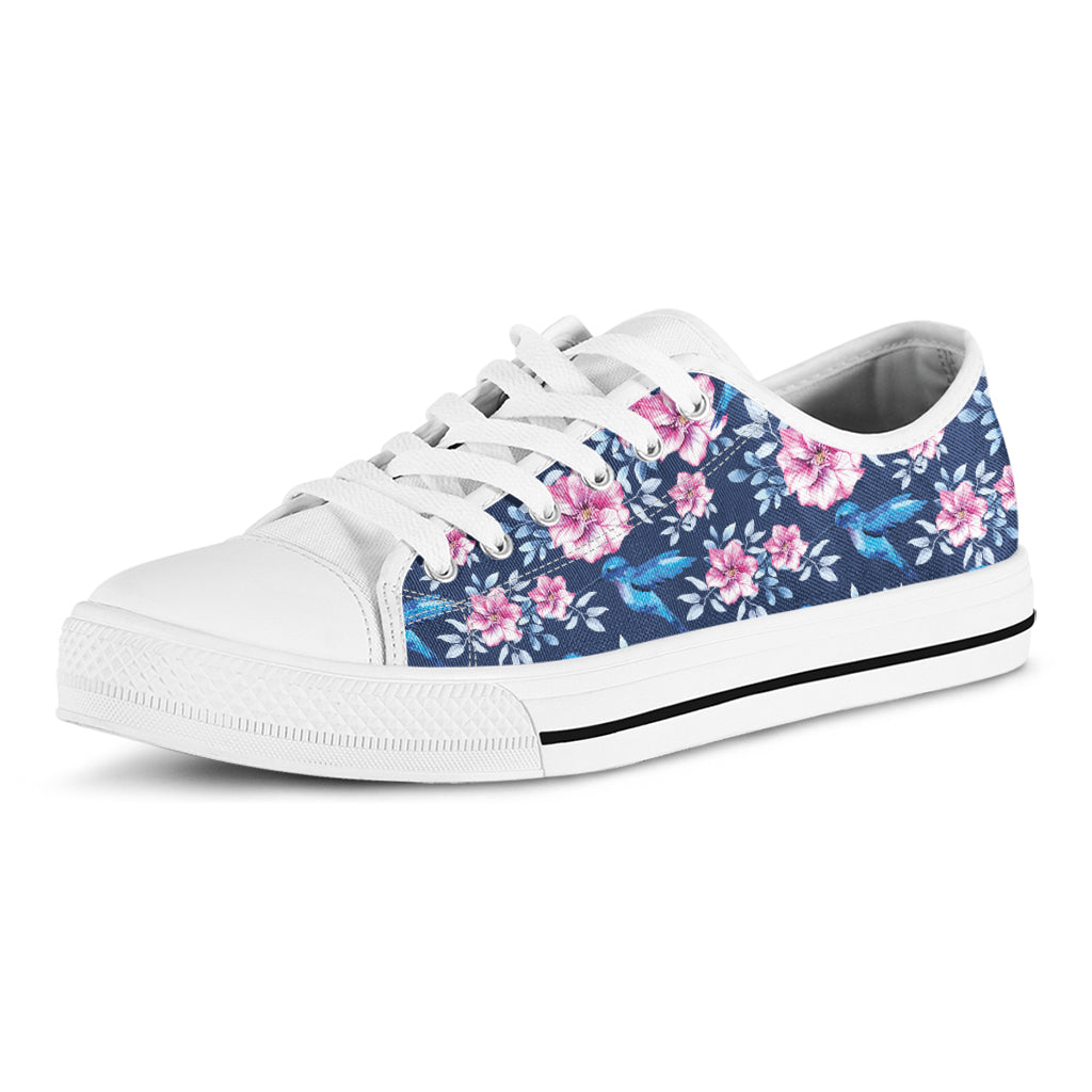 Pink Flowers And Hummingbird Print White Low Top Shoes
