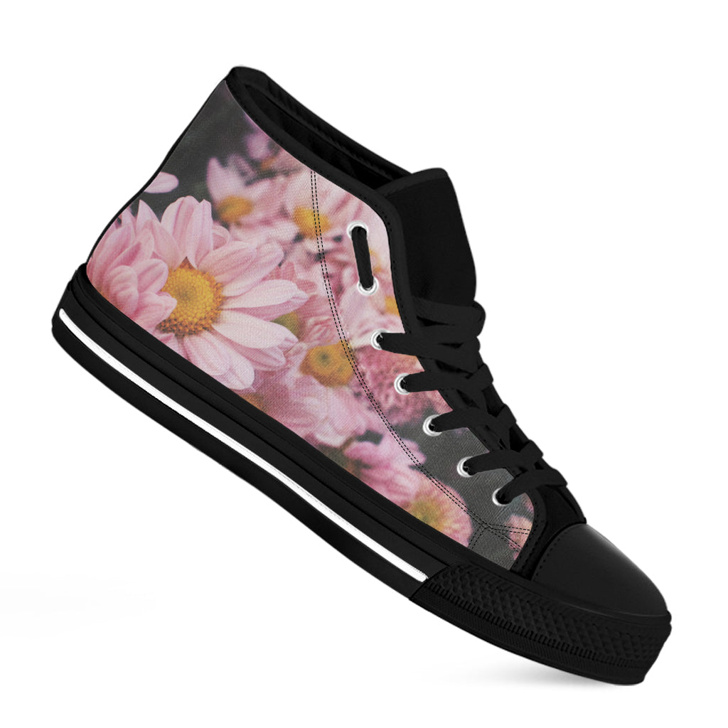 Pink Flowers Print Black High Top Shoes