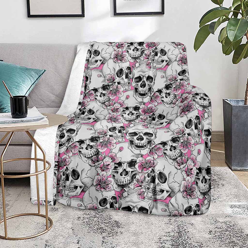 Pink Flowers Skull Pattern Print Blanket