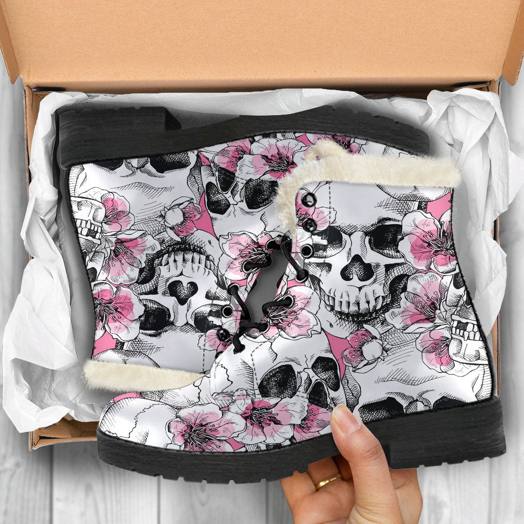 Pink Flowers Skull Pattern Print Comfy Boots GearFrost