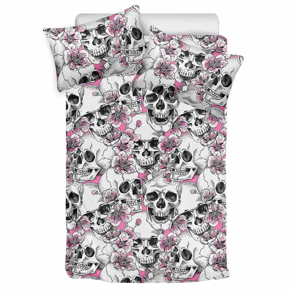Pink Flowers Skull Pattern Print Duvet Cover Bedding Set