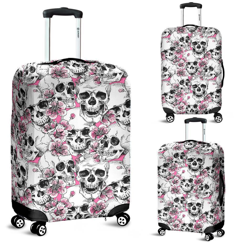Pink Flowers Skull Pattern Print Luggage Cover GearFrost