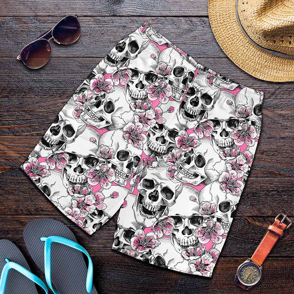 Pink Flowers Skull Pattern Print Men's Shorts