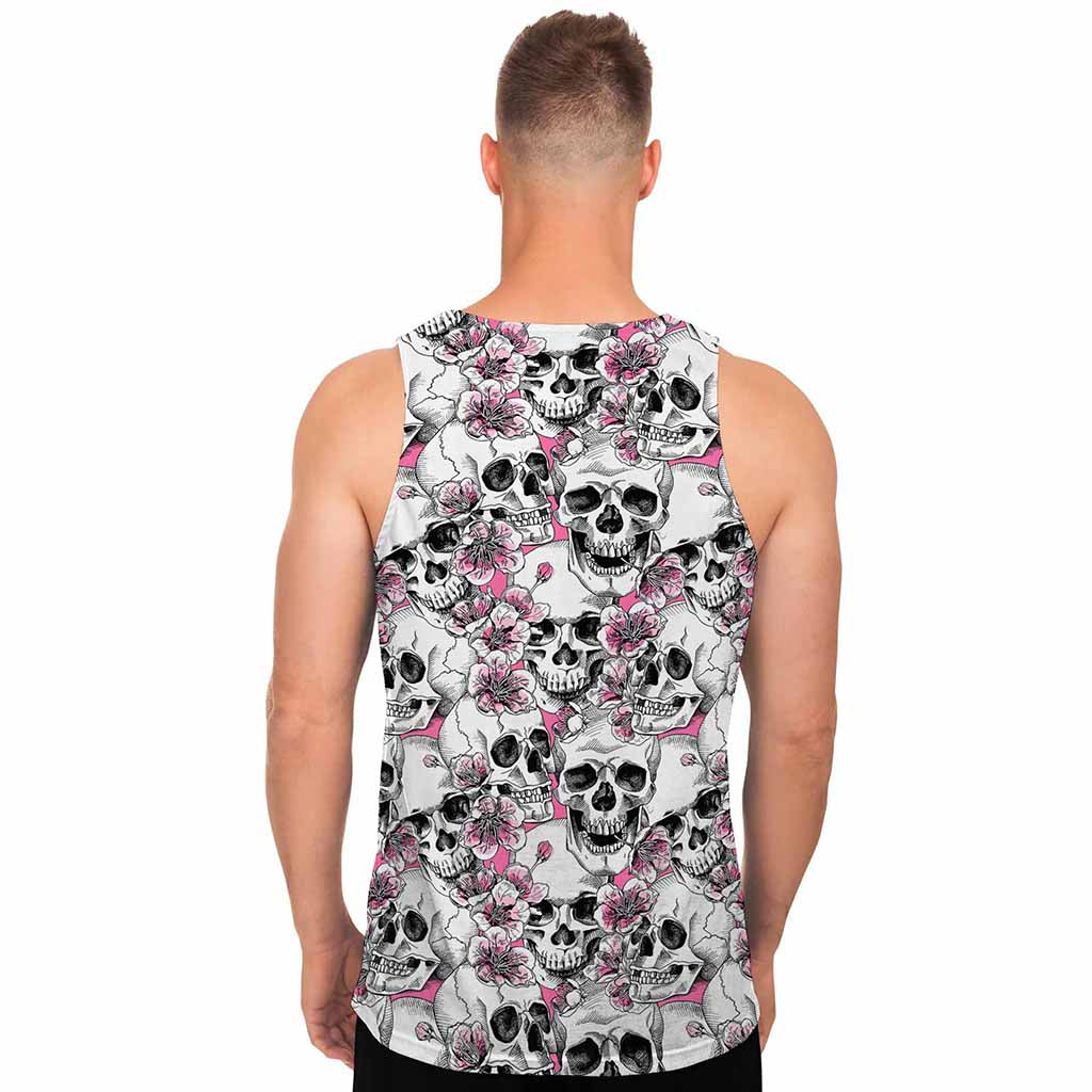 Pink Flowers Skull Pattern Print Men's Tank Top
