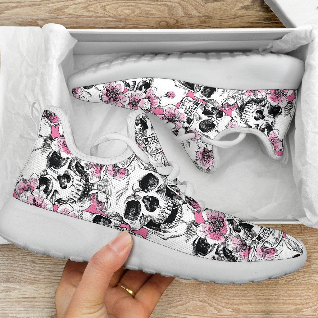 Pink Flowers Skull Pattern Print Mesh Knit Shoes GearFrost