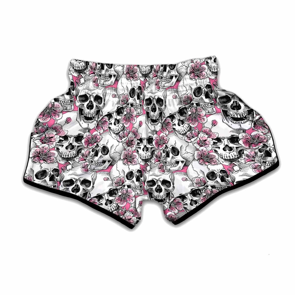 Pink Flowers Skull Pattern Print Muay Thai Boxing Shorts