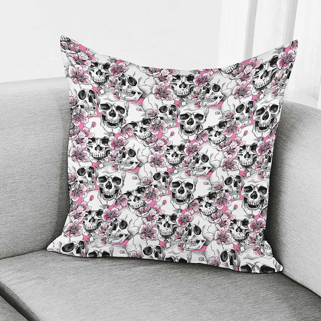 Pink Flowers Skull Pattern Print Pillow Cover