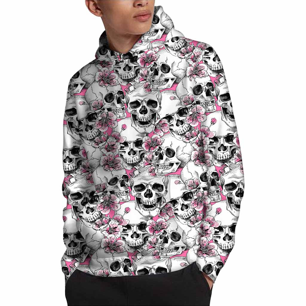Pink Flowers Skull Pattern Print Pullover Hoodie