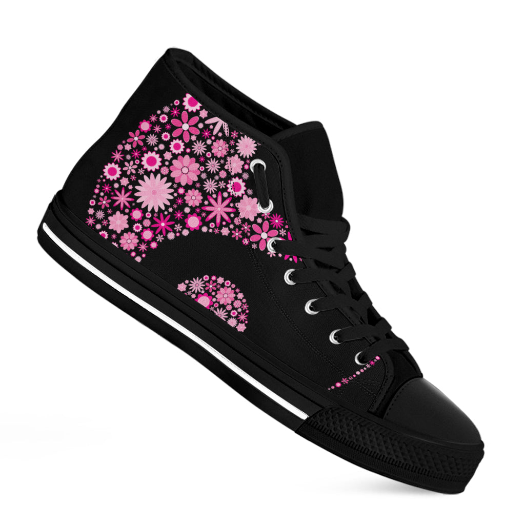 Pink Flowers Yin Yang Print Black High Top Shoes