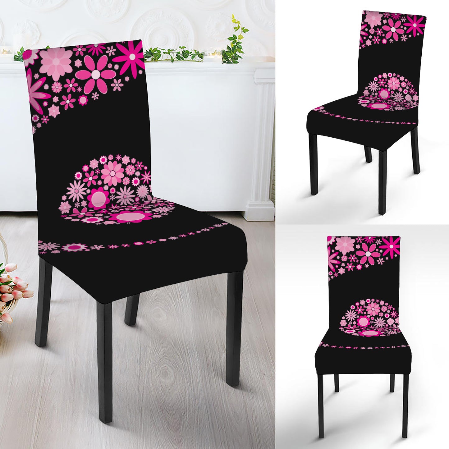 Pink Flowers Yin Yang Print Dining Chair Slipcover