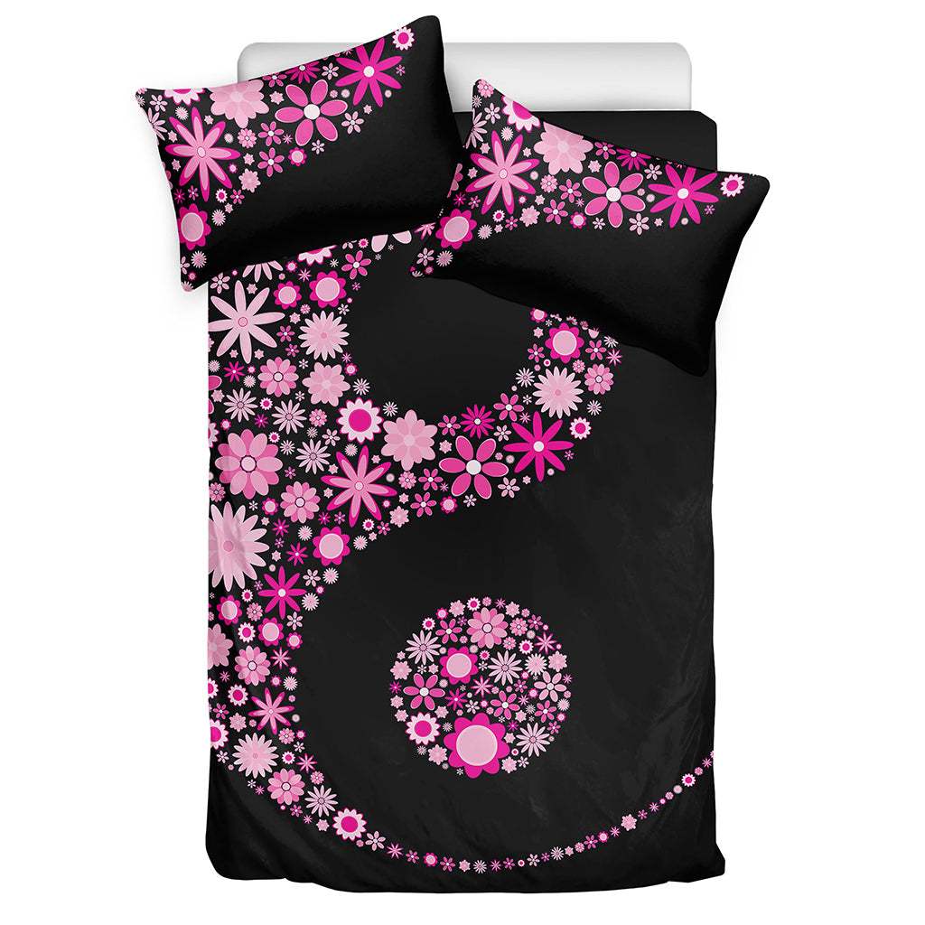 Pink Flowers Yin Yang Print Duvet Cover Bedding Set