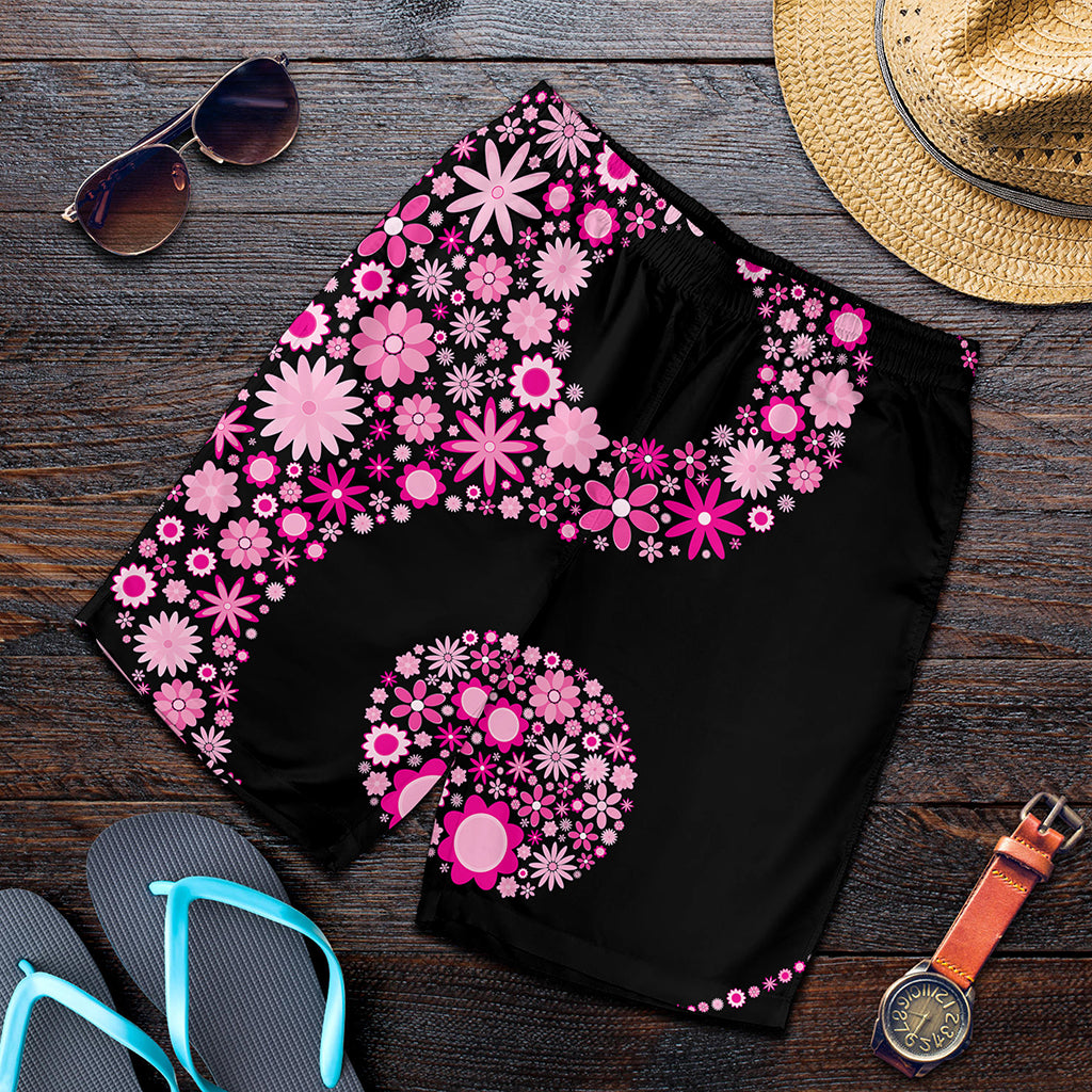 Pink Flowers Yin Yang Print Men's Shorts