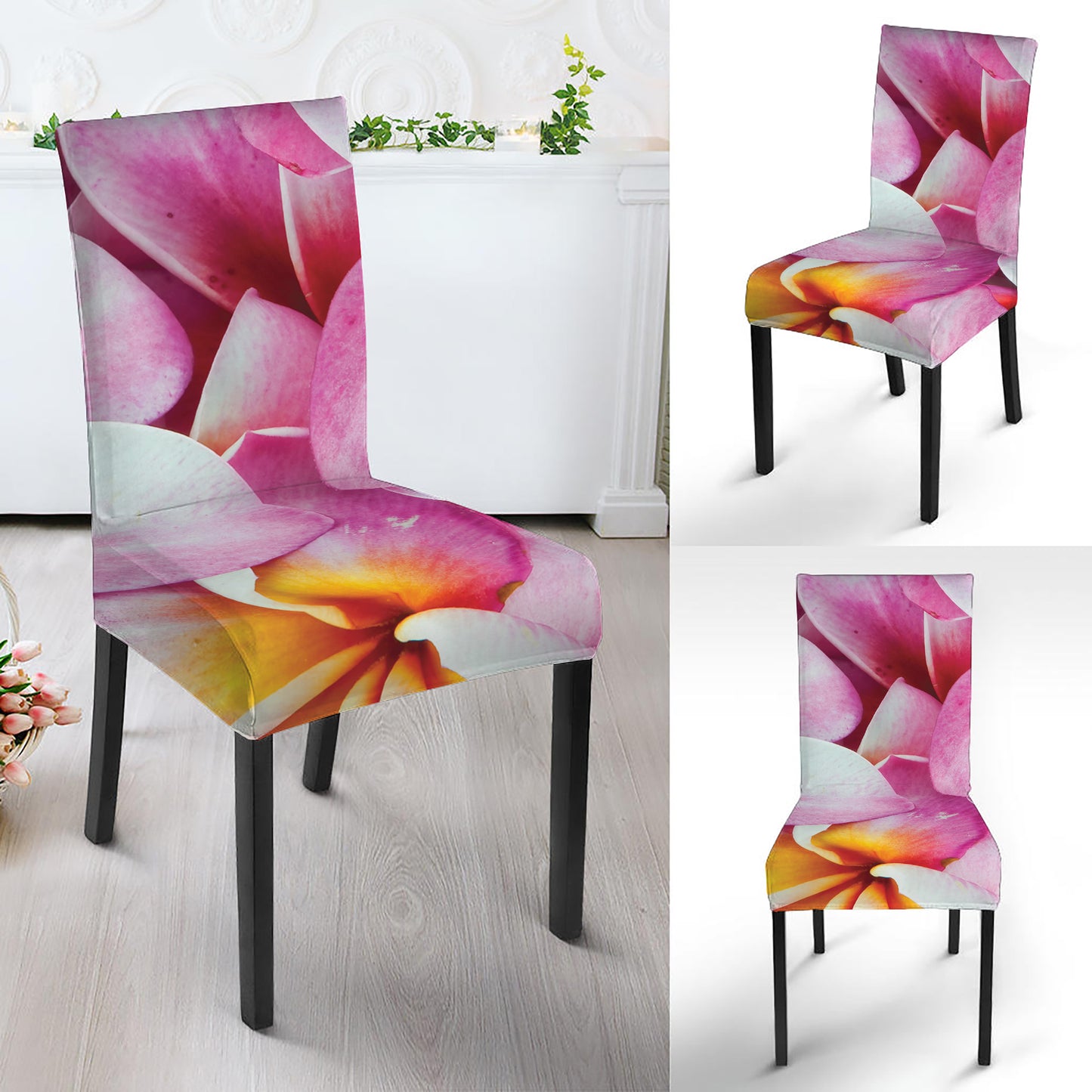Pink Frangipani Flower Print Dining Chair Slipcover