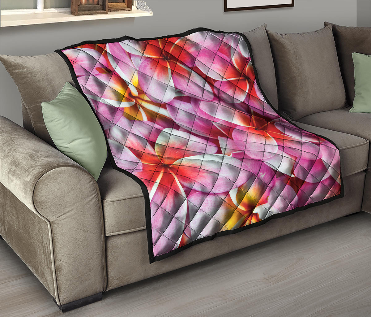 Pink Frangipani Flower Print Quilt