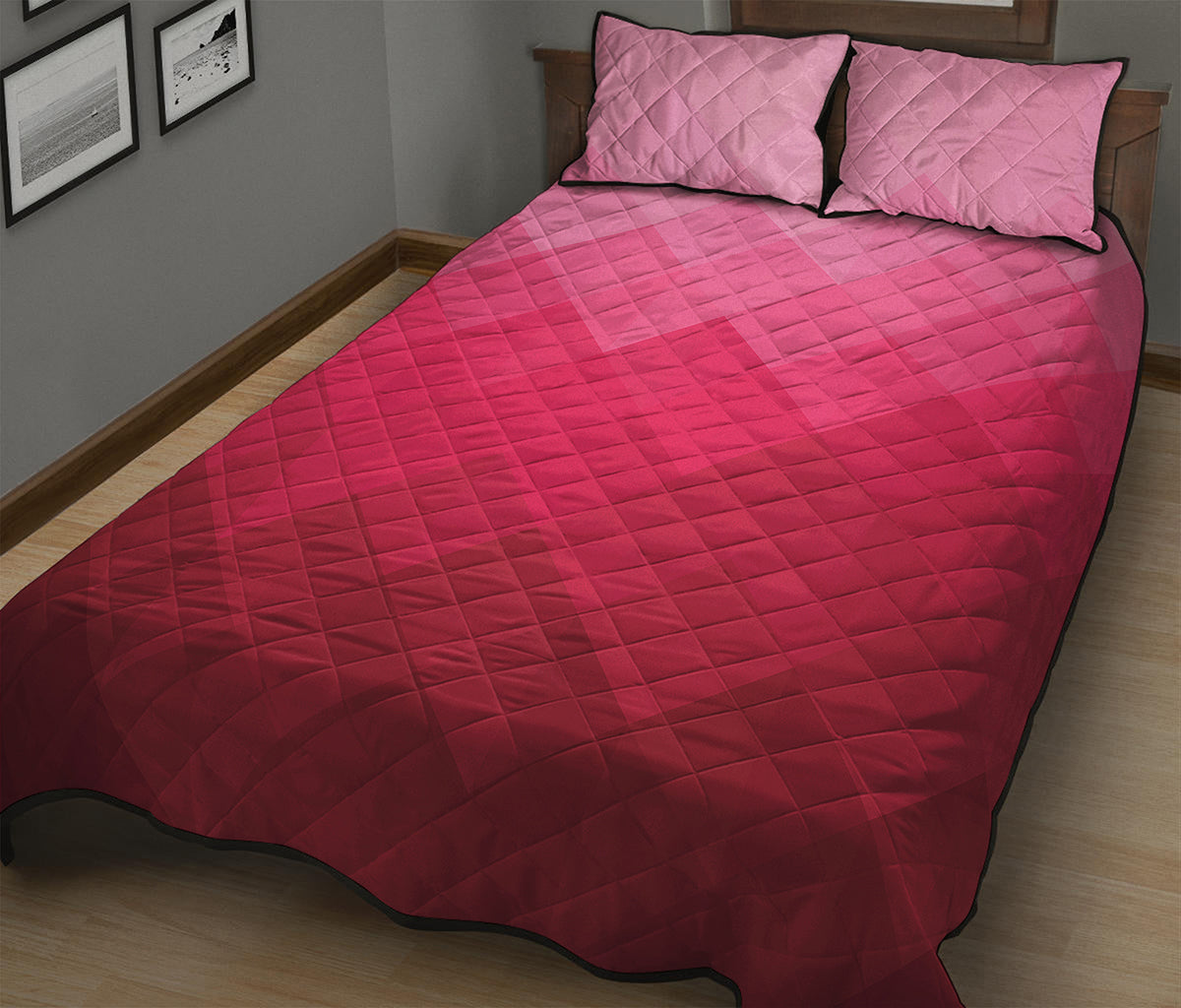 Pink Geometric Square Pattern Print Quilt Bed Set