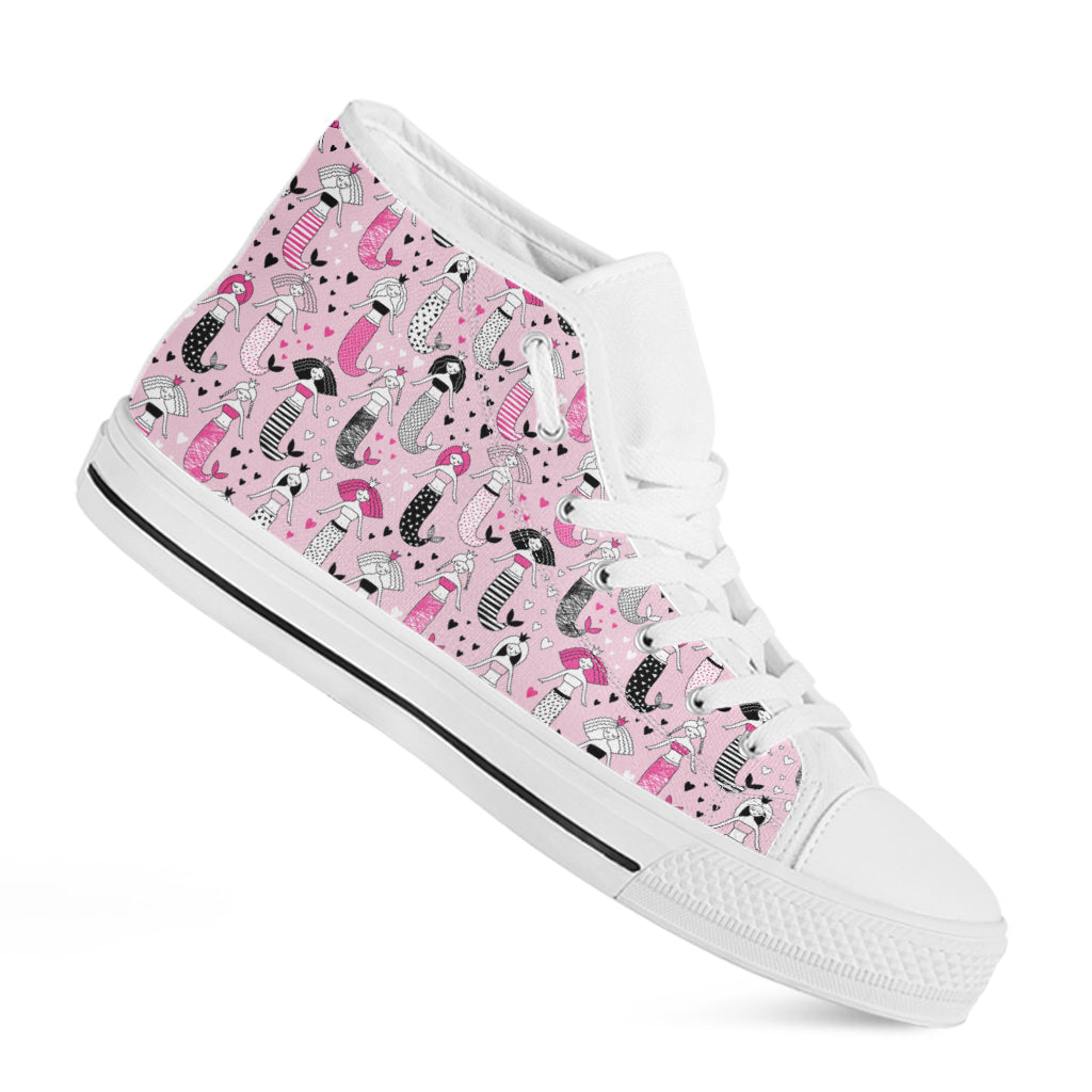 Pink Girly Mermaid Pattern Print White High Top Shoes