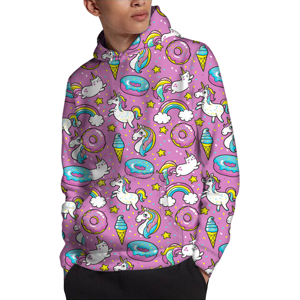 Pink Girly Unicorn Donut Pattern Print Pullover Hoodie