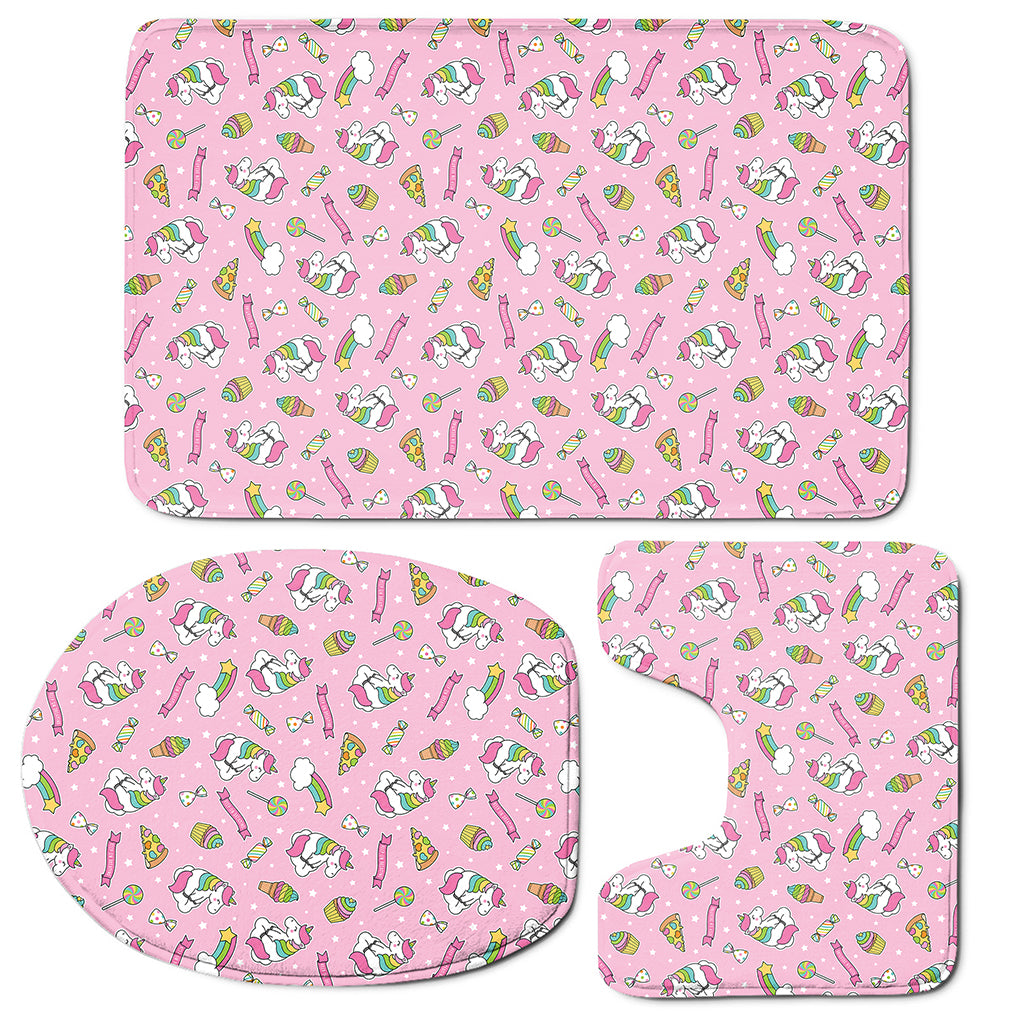 Pink Girly Unicorn Pattern Print 3 Piece Bath Mat Set