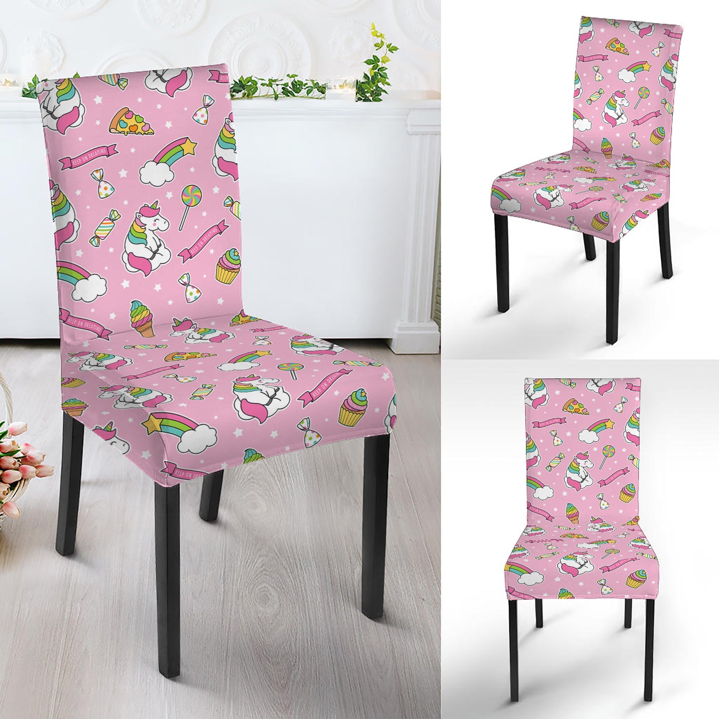 Pink Girly Unicorn Pattern Print Dining Chair Slipcover