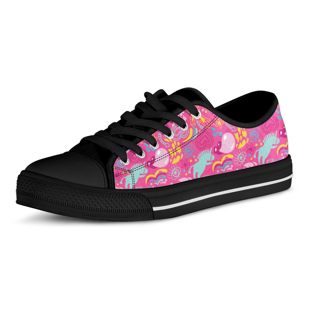 Pink Girly Unicorn Print Black Low Top Shoes