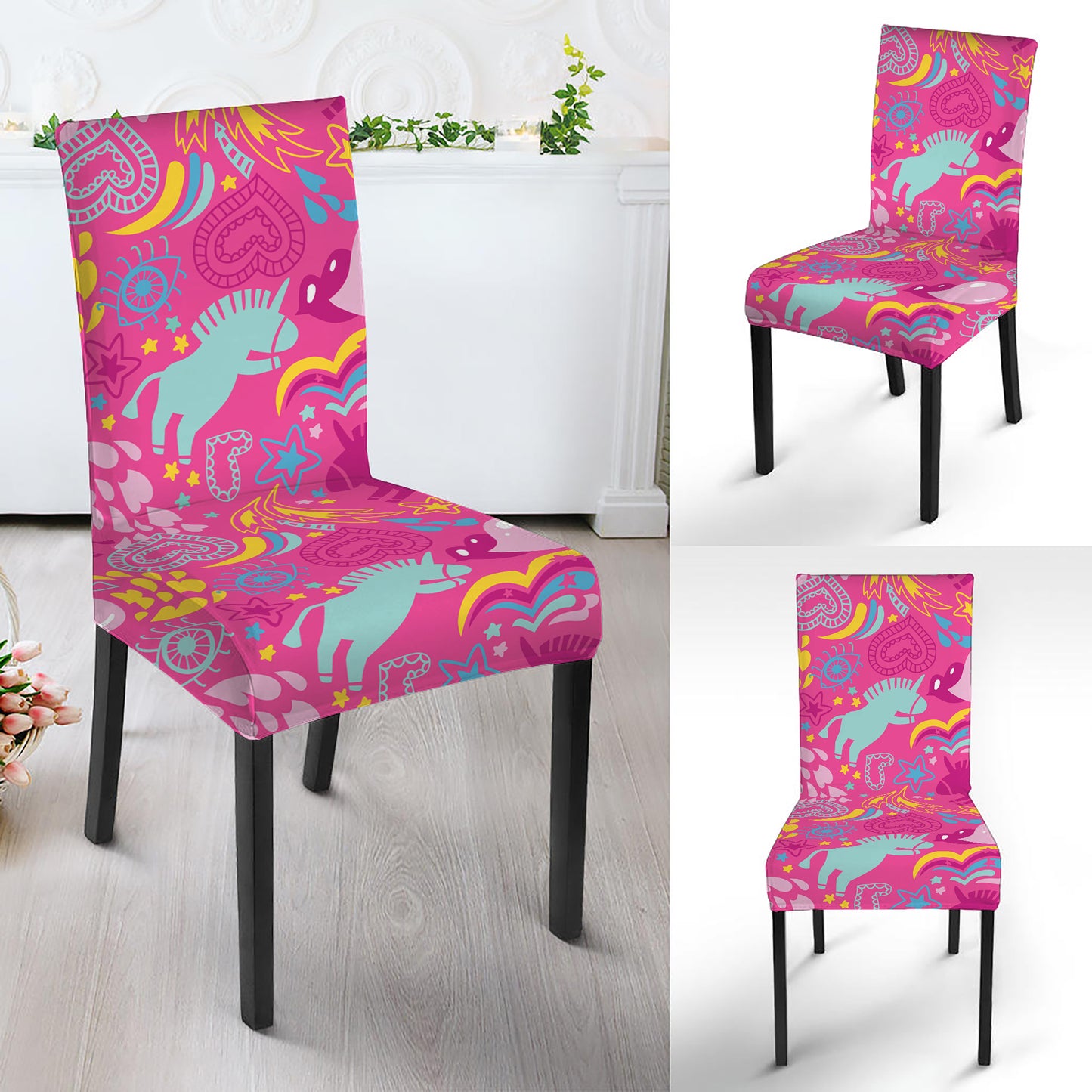 Pink Girly Unicorn Print Dining Chair Slipcover