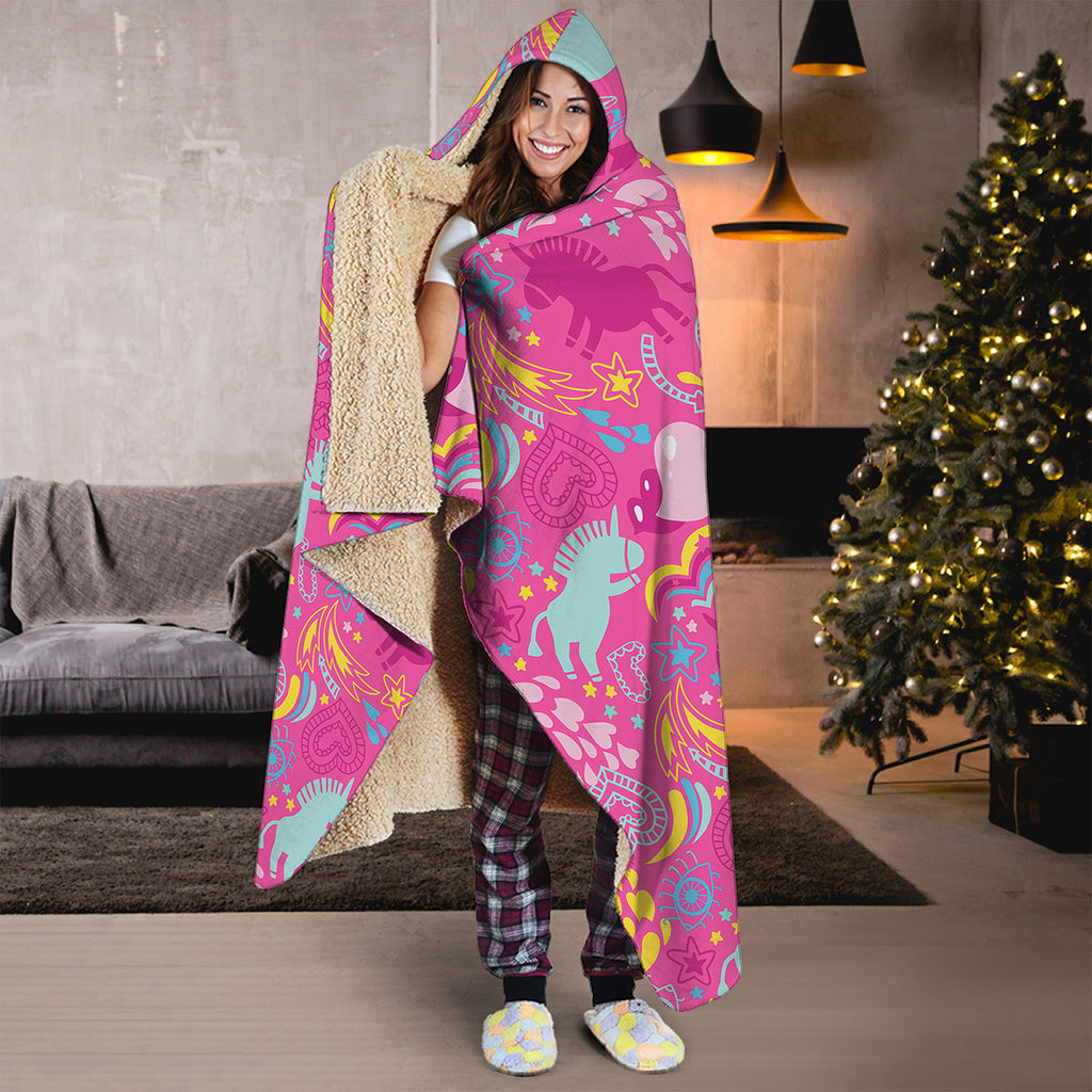 Pink Girly Unicorn Print Hooded Blanket