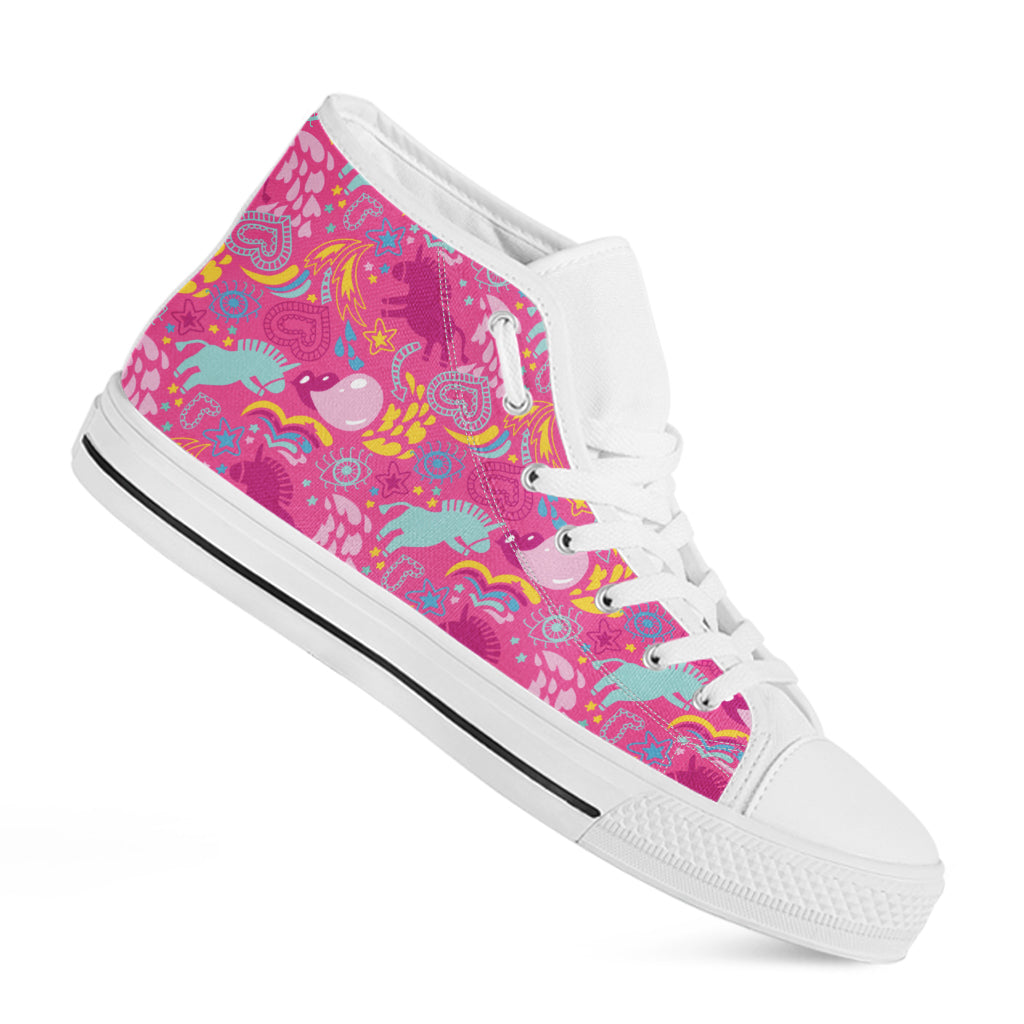 Pink Girly Unicorn Print White High Top Shoes